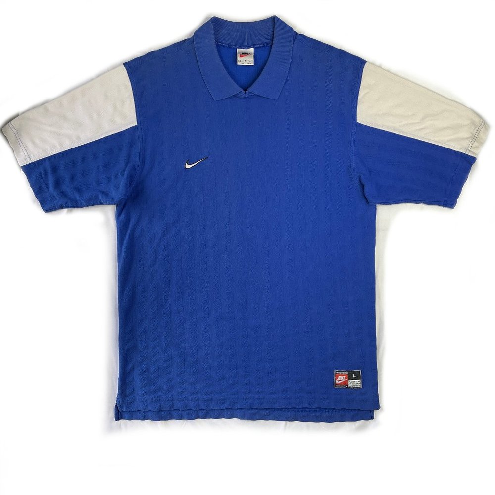 90s VTG Nike Polo Shirt Men's Size Large 100% Cotton Blue & White Ribbed